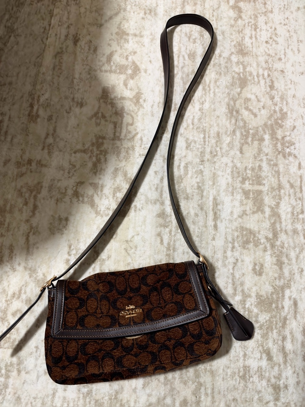 Coach Brown Signature Jacquard Crossbody with Dark Brown Leather Trim